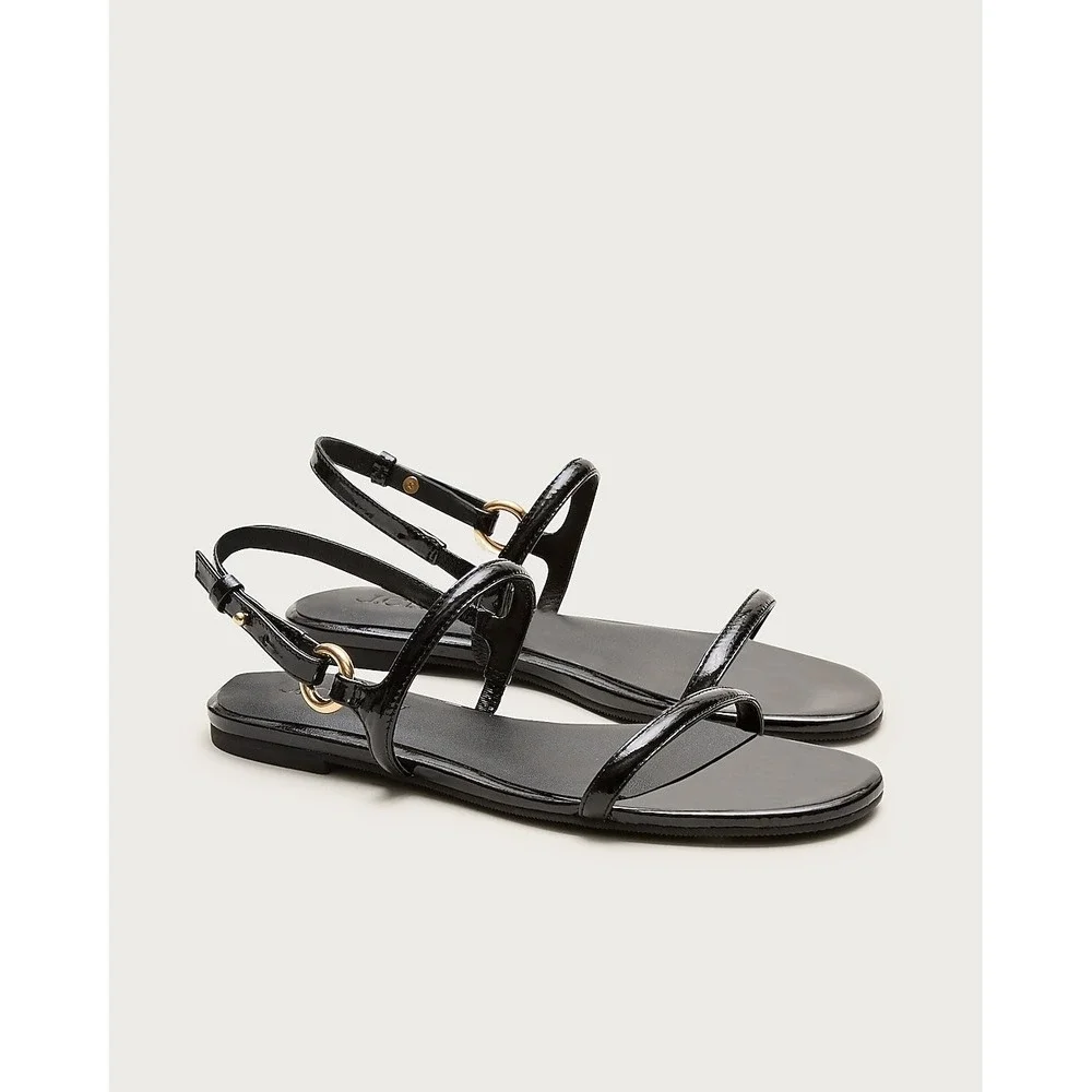 J.Crew Women Black Patent Leather Strappy Slingback Flat Sandals Size 6.5